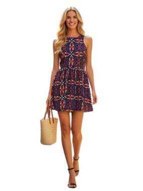 NWT Ultra Pink Boho Patchwork Mini Dress Rayon Sleeveless High Neck Geometric